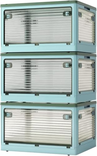 Roqao 3 Pack Aufbewahrungsboxen mit Deckel 50L Kunststoffboxen mit Rollen Zusammenklappbare Kisten Aufbewahrung Transparent Storage Boxes mit Fünf Türen Stapelkisten Lagerboxen Blau (48 x 36 x 85.5cm)