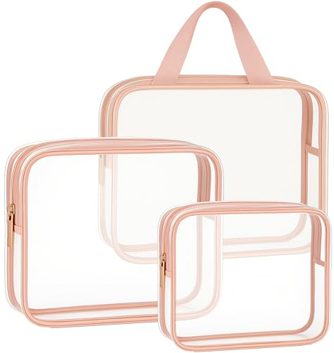 Retoo Necessär transparent set med 3 delar, vattentät sminkväska för flygplan, stor toalettväska resa, toalettväska kvinnor män barn, tvättväska, sminkväska för handbagage, Transparent / rosa, modern