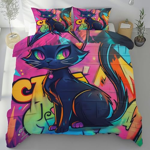 Kntnshac Tierdruck Katze Bettwäsche 135x200, Straßenstil Graffiti Microfaser Bettwäsche-Set mit Reißverschluss, Lila Wendebettwäsche, Enthält 1 Bettbezug und 2 Kissenbezug 80x80 cm