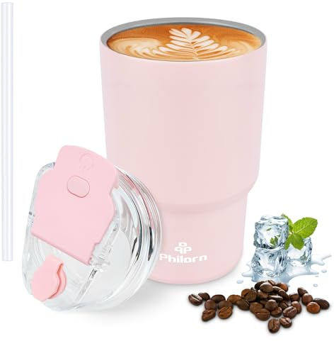 Philorn Coffee Cup Travel Mug, 14OZ/400ml Insulated Coffee Cup with Double Wall, Reusable Coffee Cups with Lid & Straw, Pink Travel Cup for Hot and Cold Drinks