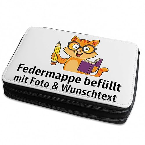 INDIGOS UG - Federmäppchen befüllt für Kinder Schule - Schwarz 210x160 mm - mit Foto & Wunschtext personalisiert - Stifteetui Geschenk - inkl. Inhalt: Stifte, Lineal, Radierer, Spitzer
