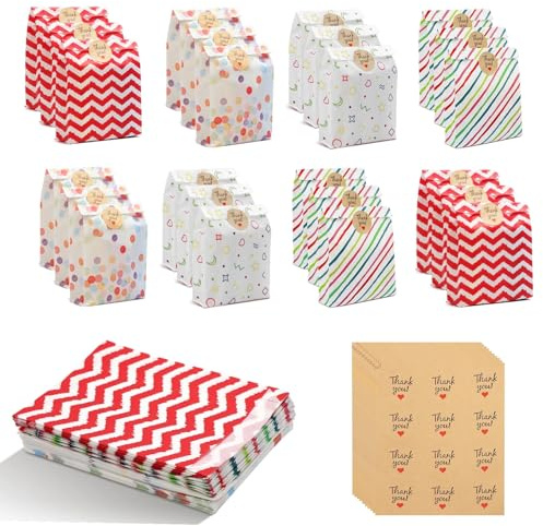 TMZELOA Sacchetti di Carta, 100 Pezzi Sacchetti Regalo di Compleanno Colorati, Buste Regalo con 120 Adesivi, Sacchetti di Caramelle per Confezionare Regali Regali di Compleanno per Bambini