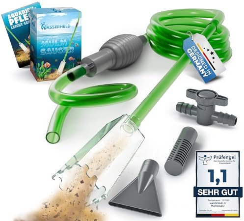 WASSERHELD [Das Original - Mulmsauger Aquarium mit 3 Aufsätzen - Aquarium Wasserwechsel - Aquarium Reinigungsset & Aquarium Sauger für Kies & Sand mit Schlauchventil - Aquarium Zubehör inkl. Buch