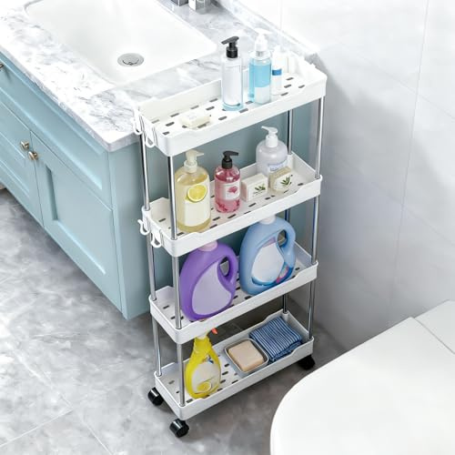 4 Tier Slim Storage Trolley Slide Out Rolling Utility Shelf Rack Storage Cart on Wheels Mobile Shelving Space Organizer with Hook for Small Narrow Spaces Kitchen/Bathroom/Laundry Room/Office ,Plastic