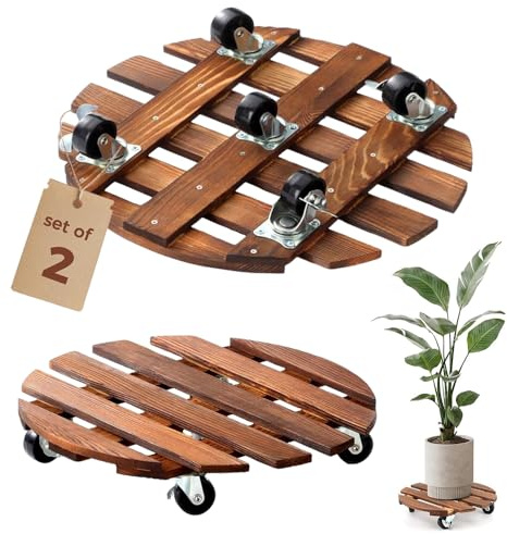 TOPRUNYI Växtroller i trä, rund, set om 2 – låsbara styrhjul, stabil rullbräda, växter diameter 30 cm, lastkapacitet upp till 100 kg, perfekt för tunga blomkrukor och växtstativ