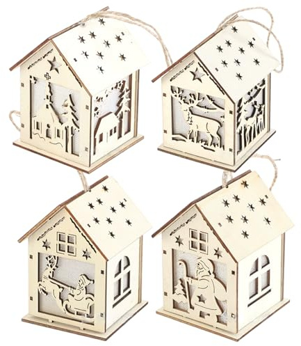 Casette in legno per artigianato 4 luci notturne natalizie a LED a 7 colori con albero di Babbo Natale vivido intagliato e slitta con renne appese ornamenti natalizi con batteria per negozio c