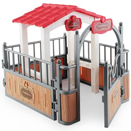 Hperu Horse Barn Playset, 7.3x5.5x6.3'' Plastic Horse Stable Pavilion - Educational Toys for Imaginative Play - Stable Playset