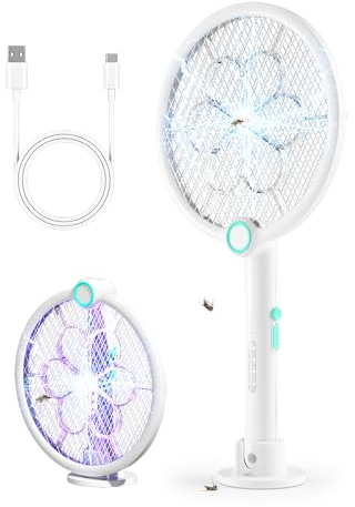LioTresk Elektrische Fliegenklatsche, Faltbarer Fliegenzapper Killer, 3800V Moskito Bug Zapper Schläger mit Basis und USB-C-Kabel für Indoor Outdoor
