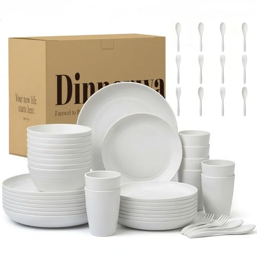 Wrova Reusable Plates and Bowls Set 48-Piece Plastic Dinner Cutlery Set | Lightweight Plate Set - Service for 8 Microwave & Dishwasher Safe Dinner Service for Camping & Picnic - White