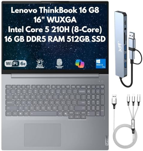 Lenovo ThinkBook 16 Gen 8 Business Laptop 2026, 16 WUXGA, Intel Core 5 210H 8-Core (Beats i5-13420H), 16GB DDR5 RAM, 512GB PCIe Gen4 SSD, FPReader, Cam, RJ45, Wi-Fi 6E, Backlit Keyboard, Win 11 Pro