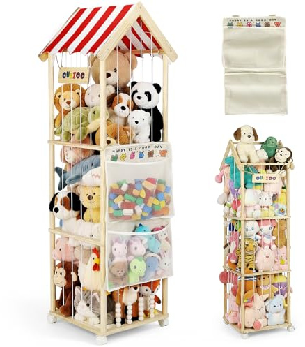 Contenitore per Peluche, 151x40x40CM in legno massiccio, con ruote girevoli a 360°, per cameretta dei bambini, soggiorno, camera da letto, mobili per la cameretta dei bambini (Strisce)
