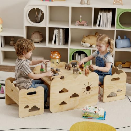 Giklux Kindertisch-Set mit 2 Stühlen aus Holz – Montessori-Tisch und -Stühle, Montessori-Möbel, Kindertisch-Stuhl-Set，ideale Montessori-Möbel für Mahlzeiten, Lernen und Spielen