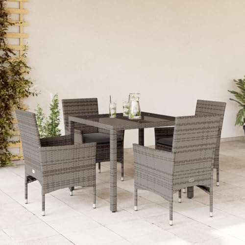 KKHOMEI Rattan Essgruppe für 4 Personen, Gartenmöbel Set 4 Stühle mit Tisch, Garten Sitzgruppe, Rattan Essgruppe, Gartengarnitur, Sitzgarnitur, Terrassenmöbel Set, Grau-123