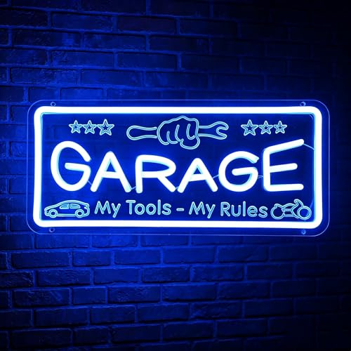 Garage Neonschild, blaues LED Wanddekoration mit Auto-Motiv, dimmbares Neonlicht für Garage, Werkstatt, Autowerkstatt, Geschenk für Mechaniker & Autoliebhaber