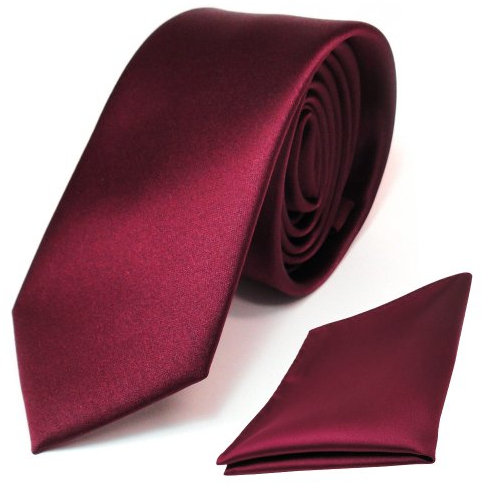 TigerTie Schmale Kinderkrawatte + Einstecktuch in Satin bordeaux uni einfarbig