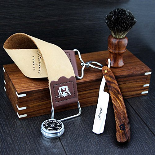 Legno di rosa con rasoio dritto, spazzola per capelli di tasso nero puro, corda in pelle bovina abbronzata naturale, pasta per affilare e scatola di legno