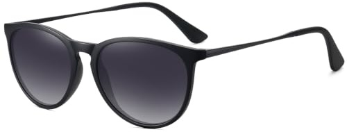 WOWSUN Polarisierte Sonnenbrille für Damen Vintage Retro Runde verspiegelte Gläser-Matt Schwarz/Verlaufsgrau