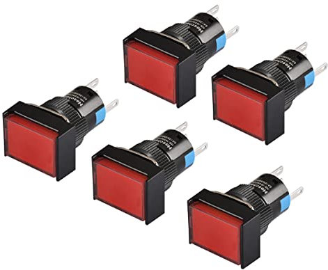 Heschen - Interruptor momentáneo rectangular de 16 mm con botón pulsador 1NO 1NC 5 pines 220 V lámpara LED 5 unidades, Red, 5