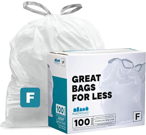 Plasticplace Passgenaue Müllbeutel, kompatibel mit Simplehuman Code F (100 Stück) weiße Müllbeutel mit Kordelzug, 25 Liter, 55,2 x 50,8 cm