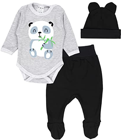 TupTam Baby Kleidung Set Body Strampelhose Mütze Bekleidungsset Jungen Mädchen, Farbe: Panda Grau/Schwarz, Größe: 56