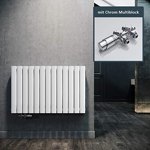 ELEGANT Design Heizkörper Horizontal mit Chrom Multiblock 630x1001mm Doppellagig Weiß Badezimmer/Wohnraum Paneelheizkörper Mittelanschluss Flachheizkörper