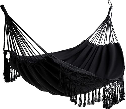 CORTEN Versatile Hammock, Large Brazilian Macrame Fringe 2 Person Double Deluxe Hammock Swing Net Chair, White/Black, 200cm x 150cm, Supports Up to 500LBS, Portable, Indoor/Outdoor Use