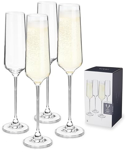 Viski Champagne Flutes, 4 Lead-Free Crystal Sparkling, Stemmed Wine Glass Set European Made Glassware, Set of 4, Clear, (10103)