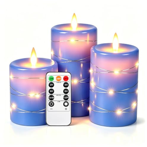 Da by 3 Stück Blau Paraffin LED Kerzen mit Kupferlichtkette, Realistische Flackerflamme, Batteriebetriebene Premium Kerzen mit Fernbedienung, Wiederverwendbar für Wohn- und Festdekoration
