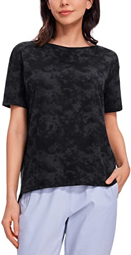 CRZ YOGA Femme Coton Pima T-Shirt d'été Ample et Long Léger Haut de Sport à Manches Courtes Noir 44