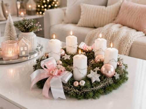 Adventskranz weiß rosa 40 cm künstlich Weihnachten Adventsgesteck Deko