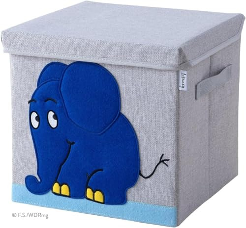LIFENEY meets Die Maus Aufbewahrungsbox mit Deckel für Kinder – Box mit dem kultigen Elefanten zum Verstauen von Spielzeug – 30 x 30 x 30 cm passend für klassische Würfelregale