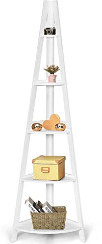 GOPLUS Estantería esquinera de pie con 5 estantes, estantería Multifuncional de exposición, estantería de Escalera Que Ahorra Espacio para la Sala de Estar Dormitorio, Blanco