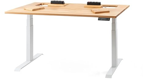 ErgoHide® Höhenverstellbarer Schreibtisch aus Massivholz mit erweitertem Kabelmanagement/Kabelkanal (Eiche, Weiß, Rechteckig, 180x80cm)