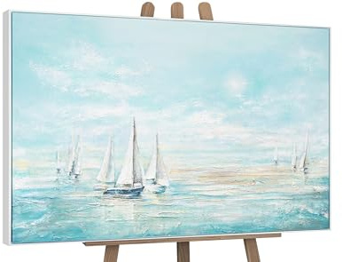 YS-Art Abstrakt Design Acryl Gemälde auf Leinwand Meeresblau handgemalt Wandbilder Wohnzimmer modern Wohndekor Bilder Büro Segelboote echte Kunst mit Rahmen 140x100 cm