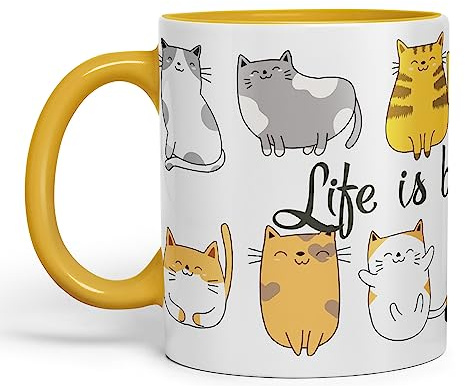 Vixar Life is Better with a cat Ceramic Coloured Mug Cup Gift Tea Coffee Christmas Office Home Cat Lovers (G Yellow)