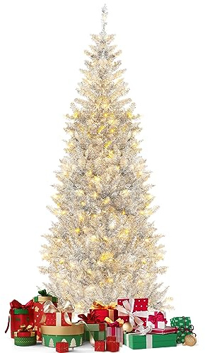 RELAX4LIFE Albero di Natale Innevato 180cm, Albero di Natale Slim con Luci Incorporate, Base in Metallo, Rami Folti, Effetto Realistico, Decorazione Natalizia da Interno