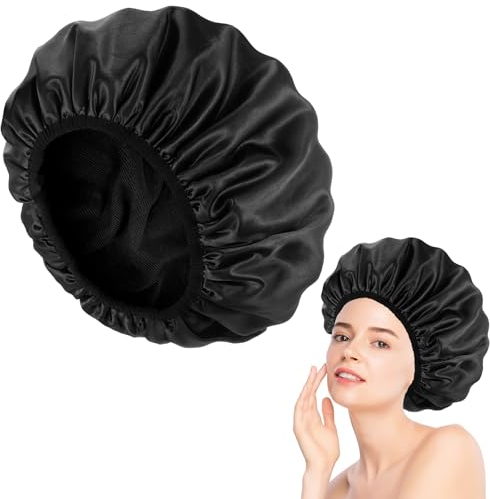Fentar Shower Cap, Waterproof Triple Layer Shower Cap for Women with Microfiber Liner, Practical Bathing Accessories, Soft Hair Wrap, Reusable Large Shower-Caps for Long Hair (Black)