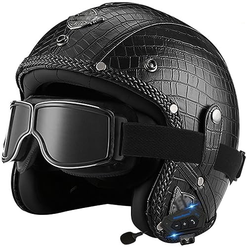WYXAXNM Motorcycle Helmets, Open Face Jet Bluetooth Helmet PU Leather Vintage Harley Motorbike Crash Half Helmet for Scooter Moped Skateboard Chopper Cruiser with Goggle for Adult Men Women