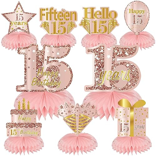 Rosa Rose Gold 15. Geburtstag Wabenaufsätze Dekorationen für Mädchen, 9 Stück Rose Gold Happy 15th Birthday Tischaufsätze Partyzubehör, fünfzehn Jahre alter Geburtstag Tischdekoration