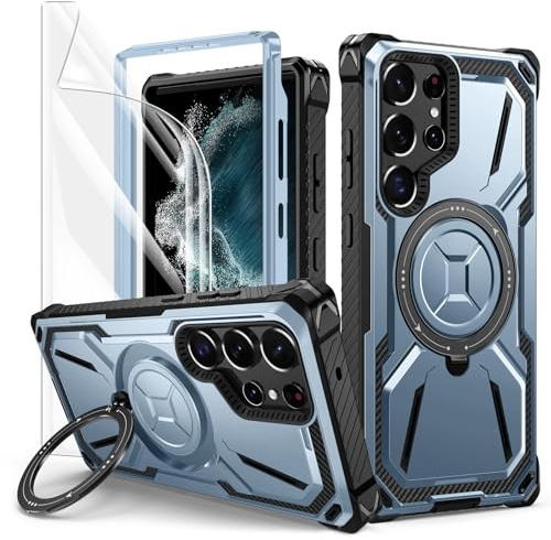 Lanhiem Armor Funda para Samsung Galaxy S22 Ultra, Azul | 360° Soporte Giratorio, 2X Cristal Templado, Antigolpes Protección Militar, Resistente Antichoque, Esquinas Reforzadas