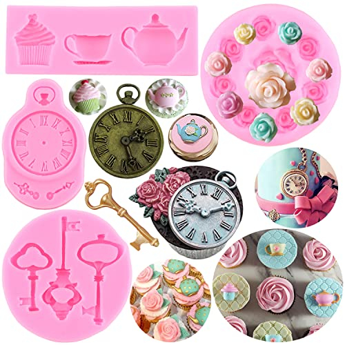 RFGHAC Teeparty Kuchenform Teekanne Fondant Form Vintage Schlüssel Uhr Silikonform Teetasse Form Rose Blume Form für Kuchen Dekorieren Cupcake Topper Candy Gum Paste Polymer Clay 4er Set