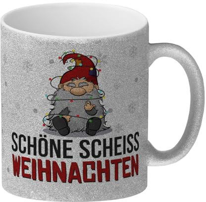Grimmiger Wichtel Glitzer-Kaffeebecher mit Spruch Schöne scheiß Weihnachten eine bunte Tasse für Weihnachtsmuffel genervter Becher Kaffeetasse lustige Weihnachtstasse Männer