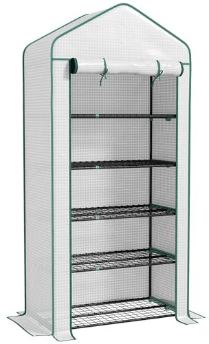 Outsunny 5 Tier Widened Mini Greenhouse with Reinforced PE Cover, Portable Indoor Outdoor Green House with Roll-up Door and Wire Shelves, 193H x 90W x 49Dcm, White