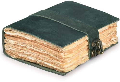 LEATHER VILLAGE Ledergebundenes Vintage-Tagebuch für Damen und Herren, Buch der Schatten, Schlossverschluss, 200 Seiten mit antiken Büttenrändern, handgefertigtes Papier, Türkis, 25,4 x 17,8 cm