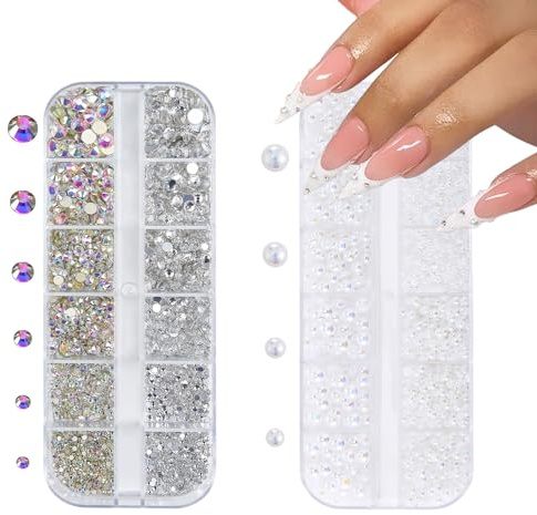 Nail Art Rhinestones and Pearls,2 Boxes Flackback Nail Rhinestones White Pearl Nail Charms,Resin Nail Art Decorations Accessories for Face Nail Art Design DIY Crafting Party Daily Wedding
