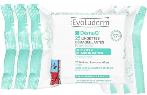 EVOLUDERM - Lingettes Démaquillantes Fraîcheur - 25 pièces - 97% d'Origine Naturelle - Végan - Lot de 3 x 25 pièces