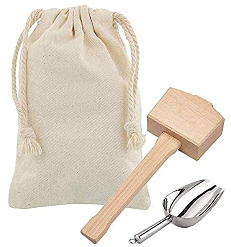 MEETOZ Lewis Bag and Wooden Mallet Crusher, Reusable Canvas Crushed Ice Bags,Wooden Mallet Bar, Steel Ice Scoop, for Summer Bartender Kit & Bar Tools Kitchen Accessory