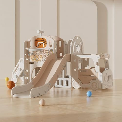 Zkiprm 5 in 1 Scivolo per Bambini, Parco Giochi Bambini Esterno e Scivolo per Bambini da Casa Interno, Scivolo da Giardino per Bambini, Scivolo 200 CM, Struttura da Basket, Porta da Calcio (Khaki)