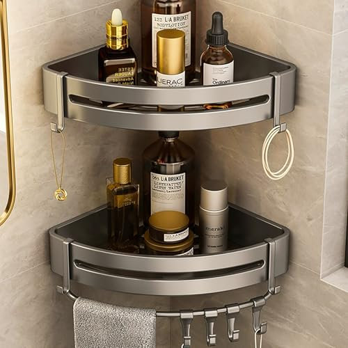 Frekibaz 2 Stück Duschablage Ohne Bohren, Duschregal ohne Bohren Badregal ohne Bohren Duschablage Ecke, Shampoo Halterung für Dusche mit 8 Haken, Aluminium, Regal Badezimmer Dusche Halterung Grau