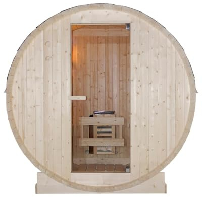 SANOTECHNIK Sauna de barril para exteriores TROMSÖ M – 2 personas sauna de jardín de madera de abeto, estufa Harvia de 3,6 kW, vidrio templado, techo de asfalto, 189 × 120 × 191,5 cm, F50120